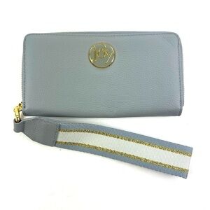Joy Mangano Wallet Light Blue Gold Leather Clutch Wristlet Brand NEW